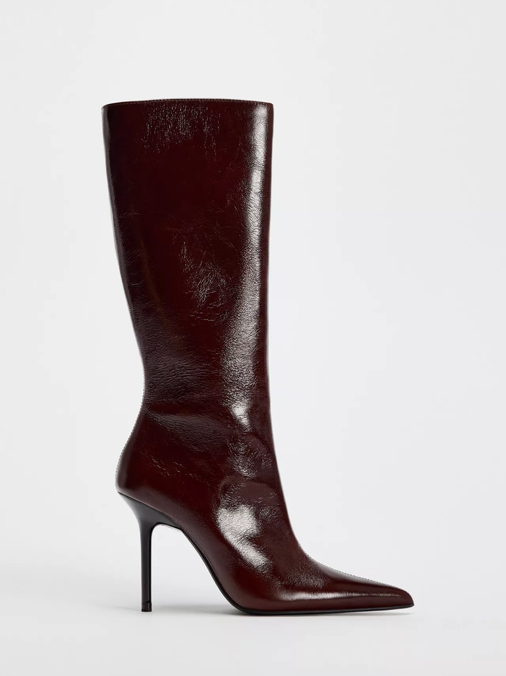 Zara Burgundy Pointed-Toe Knee Boots With Stiletto Heel